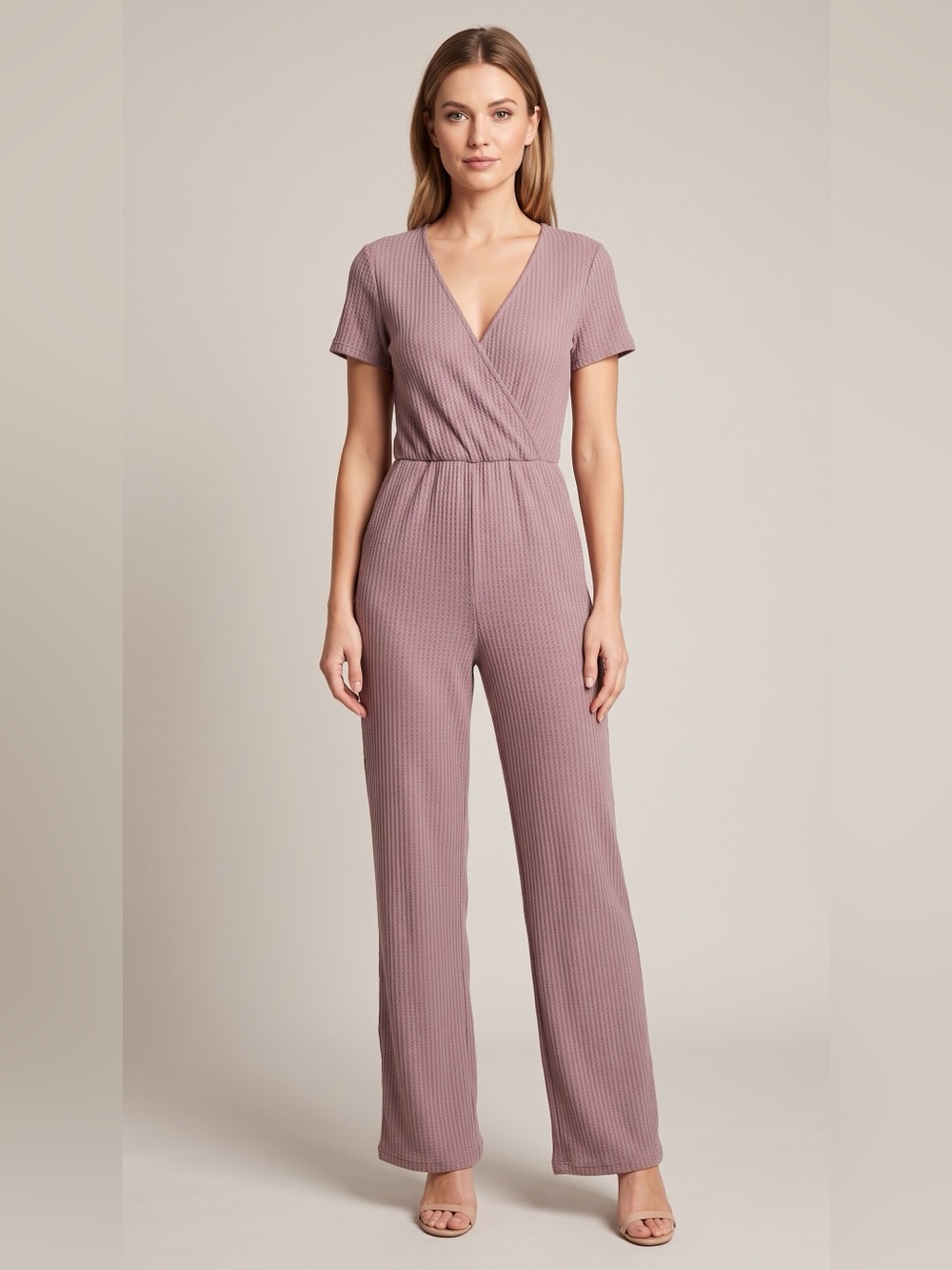 Waffle Knit Short-Sleeve Jumpsuit in Mauve
